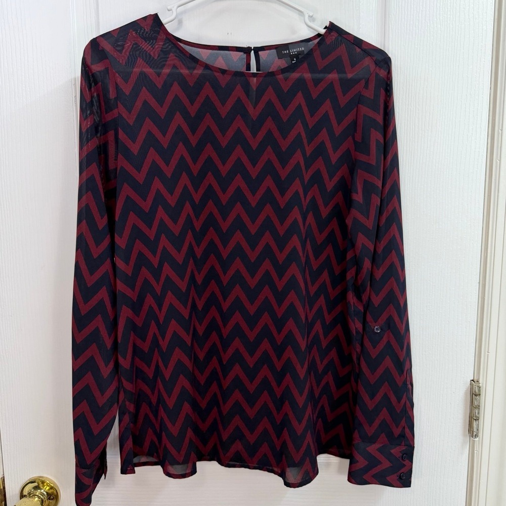 The‎ Limited navy burgundy zig zag sheer lightweight long sleeve blouse business